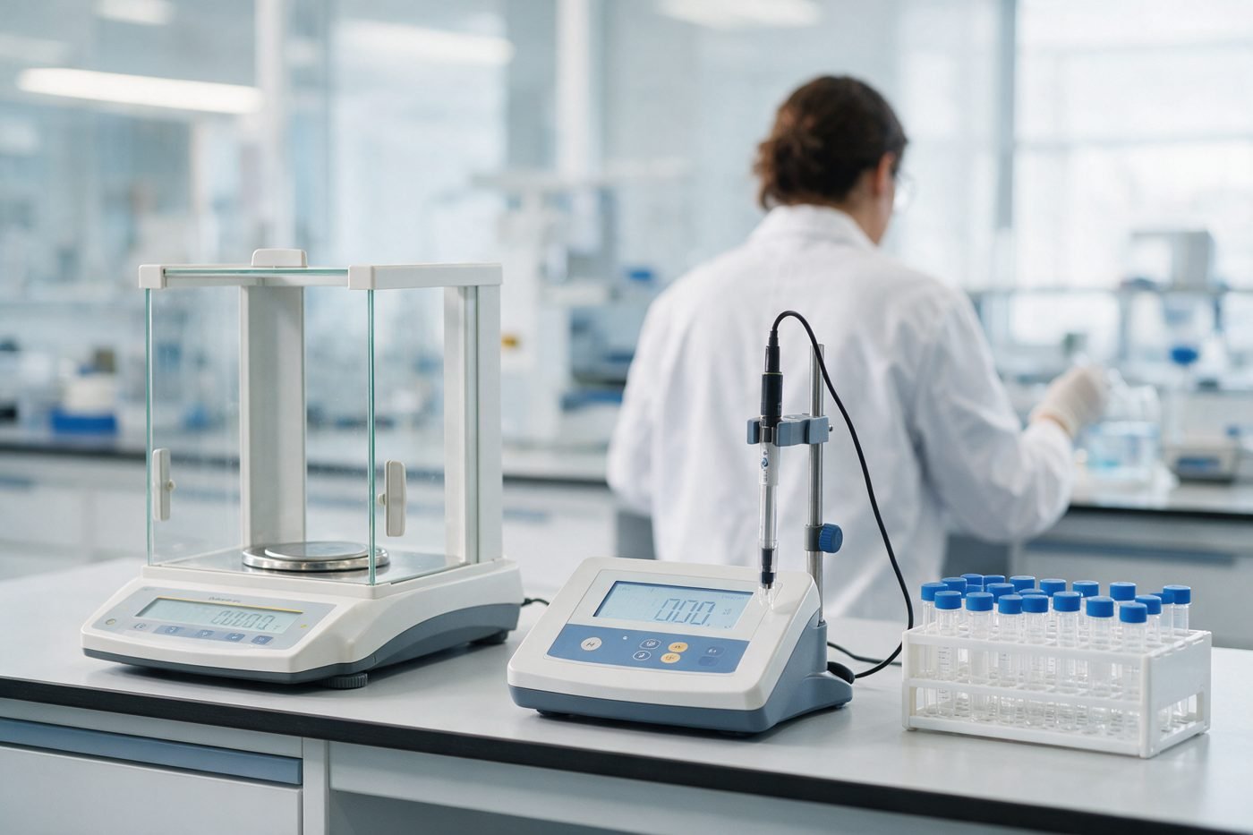 Balance de précision et pH-mètre dans un laboratoire de recherche