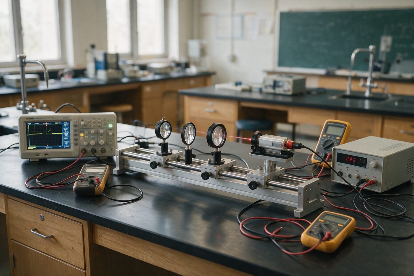 Banc d’optique, oscilloscope et multimètres pour un TP de physique au Maroc