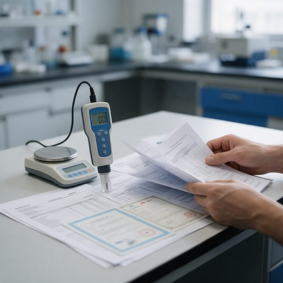Fiches techniques et certificats de matériel scientifique à côté d’un pH-mètre
